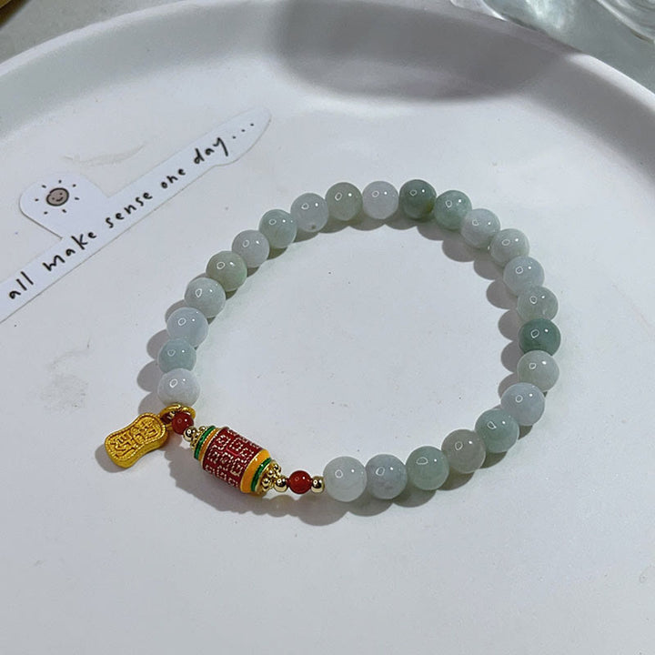 Buddha Stones Tybetański Naturalny Jadeit Fu Charakter Koło Modlitewne Bransoletka Dobrobytu Obfitości