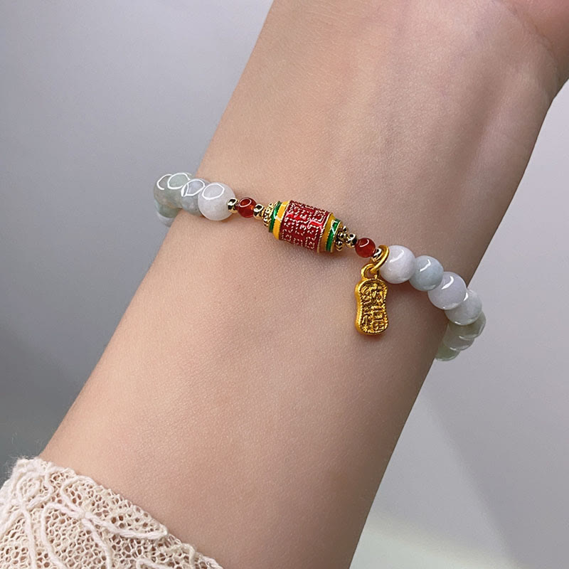 Buddha Stones Tybetański Naturalny Jadeit Fu Charakter Koło Modlitewne Bransoletka Dobrobytu Obfitości