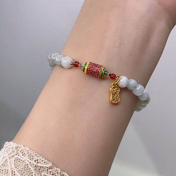 Buddha Stones Tybetański Naturalny Jadeit Fu Charakter Koło Modlitewne Bransoletka Dobrobytu Obfitości