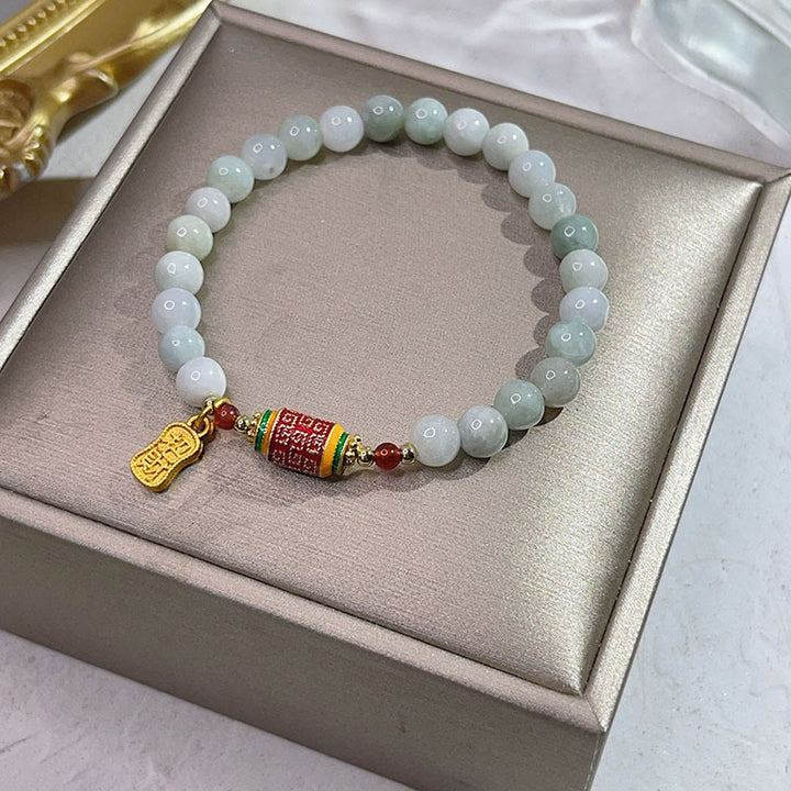 Buddha Stones Tybetański Naturalny Jadeit Fu Charakter Koło Modlitewne Bransoletka Dobrobytu Obfitości