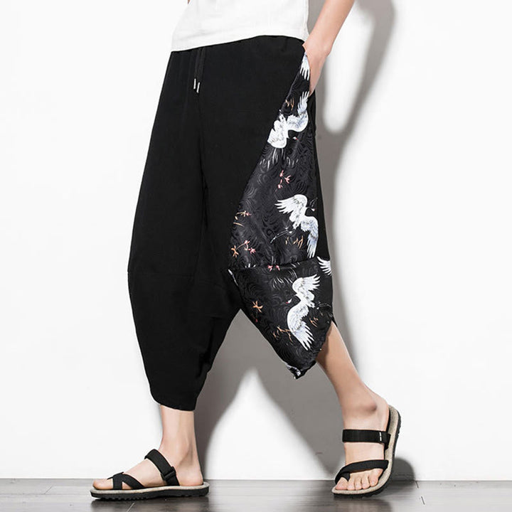 Buddha Stones Białe Żurawie Nadruk Bawełna Męskie Spodnie Harem Skrócone Z Kieszeniami - image 1
