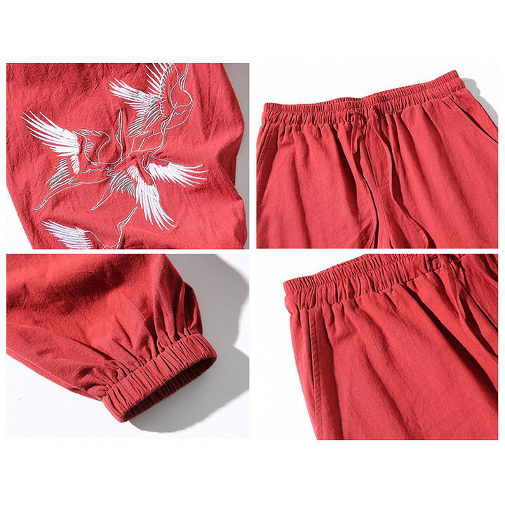 Buddha Stones Biały Żuraw Haft Wzór Ściągacz Męskie Spodnie Harem Z Kieszeniami - image 21