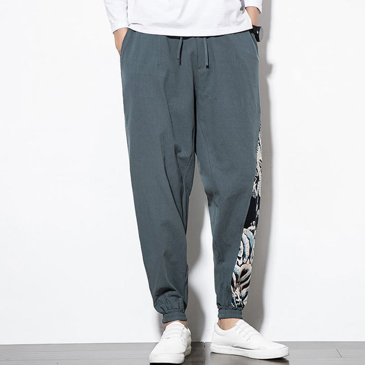 Buddha Stones Letnie Fale Smoka Bawełniane Spodnie Męskie Z Kieszeniami - image 3