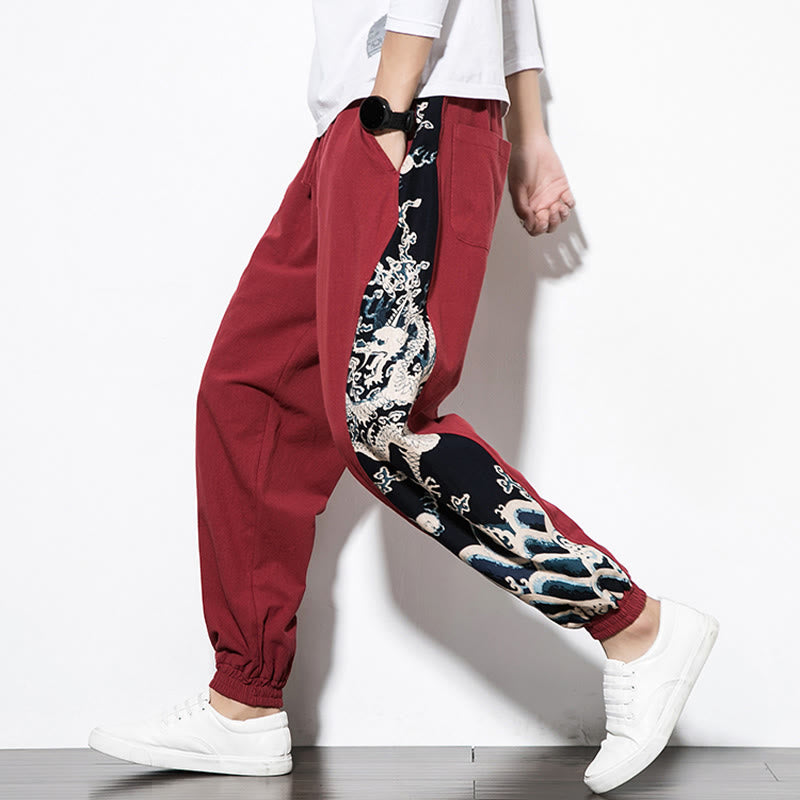 Buddha Stones Letnie Fale Smoka Bawełniane Spodnie Męskie Z Kieszeniami - image 26