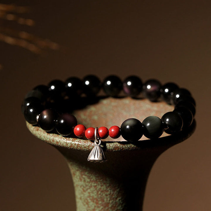 Buddha Stones Naturalny Czarny Obsydian Cynober Lotos Charm Siła Spełnienie Bransoletka