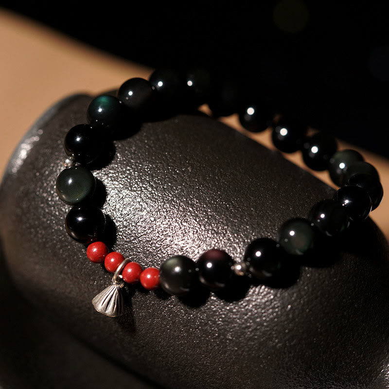 Buddha Stones Naturalny Czarny Obsydian Cynober Lotos Charm Siła Spełnienie Bransoletka