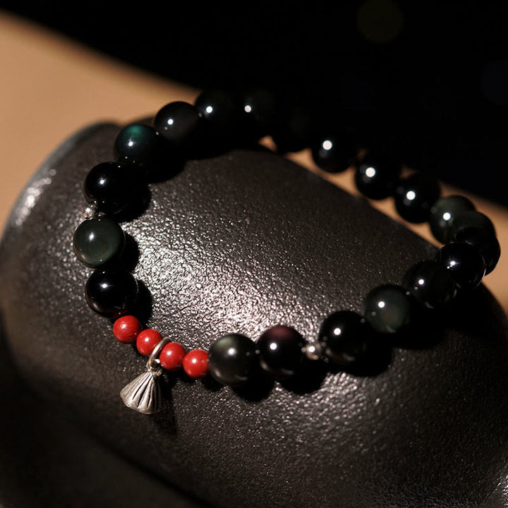 Buddha Stones Naturalny Czarny Obsydian Cynober Lotos Charm Siła Spełnienie Bransoletka