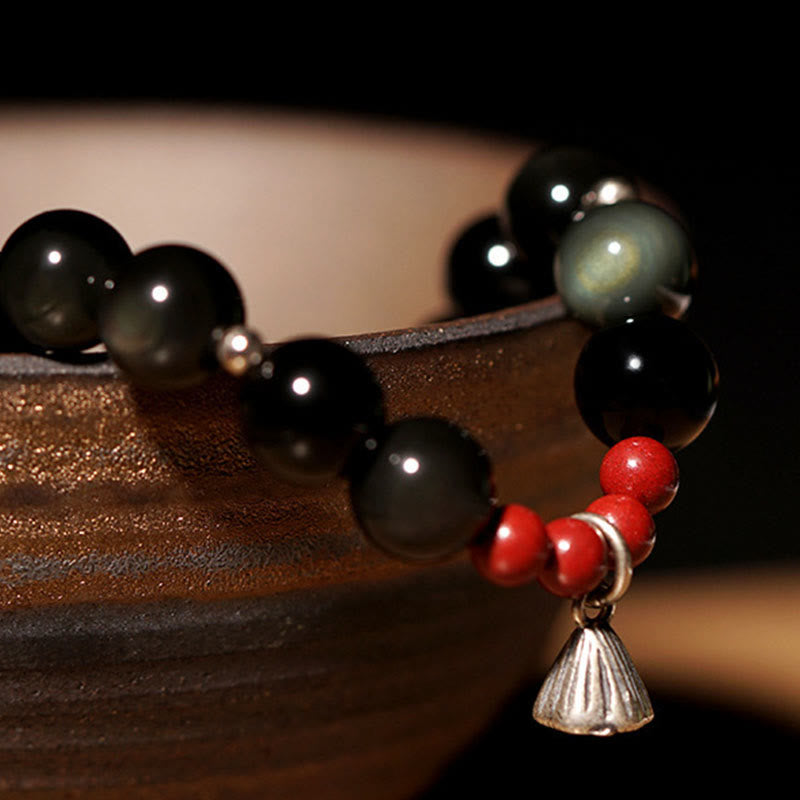 Buddha Stones Naturalny Czarny Obsydian Cynober Lotos Charm Siła Spełnienie Bransoletka