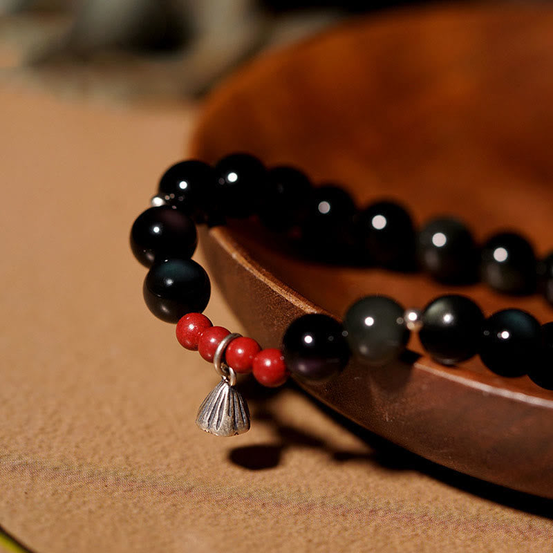 Buddha Stones Naturalny Czarny Obsydian Cynober Lotos Charm Siła Spełnienie Bransoletka