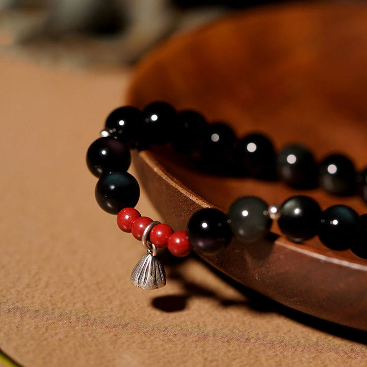 Buddha Stones Naturalny Czarny Obsydian Cynober Lotos Charm Siła Spełnienie Bransoletka