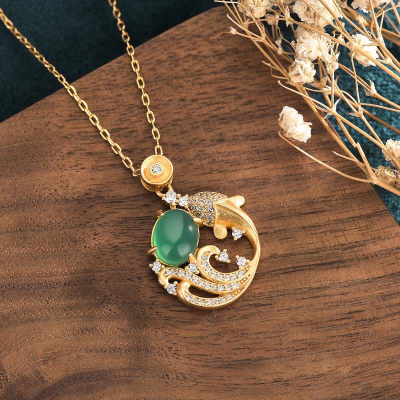 Naszyjnik Buddha Stones Zielony Chalcedon Koi Ryba Siła Wisiorek - image 2
