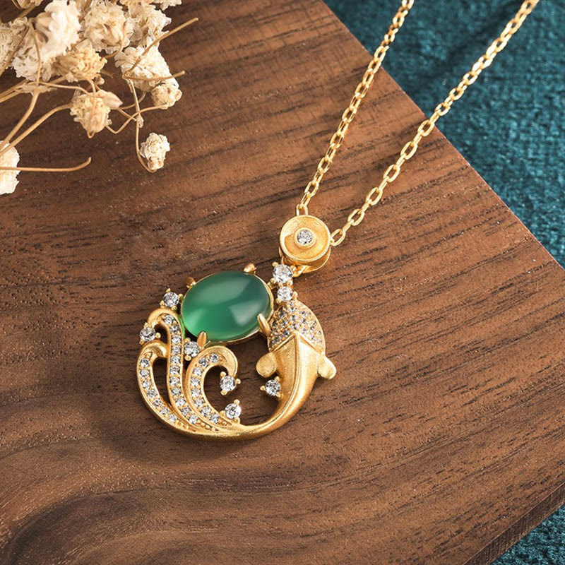 Naszyjnik Buddha Stones Zielony Chalcedon Koi Ryba Siła Wisiorek - image 3
