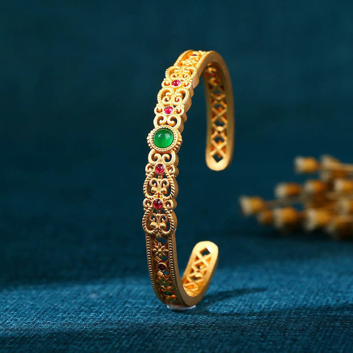 Buddha Stones Zielony Chalcedon 24k Złoto Miedź Wytrzymałość Mankiet Bransoletka Bangle