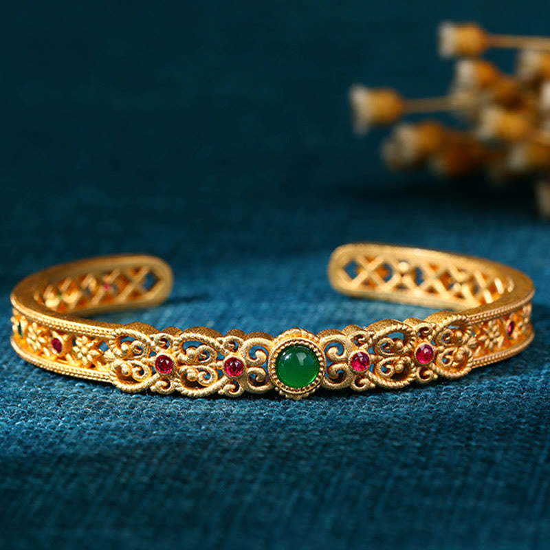 Buddha Stones Zielony Chalcedon 24k Złoto Miedź Wytrzymałość Mankiet Bransoletka Bangle