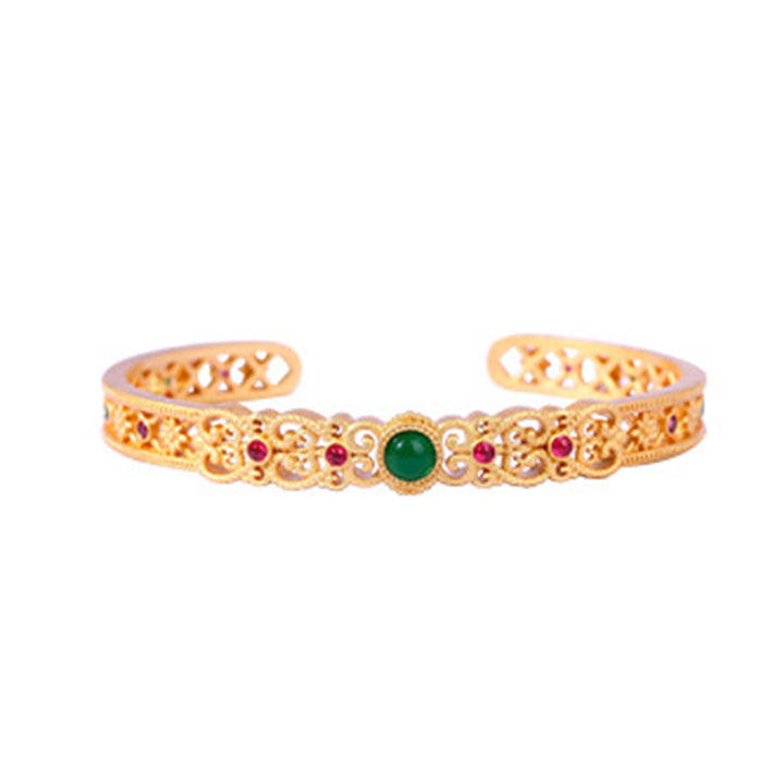 Buddha Stones Zielony Chalcedon 24k Złoto Miedź Wytrzymałość Mankiet Bransoletka Bangle