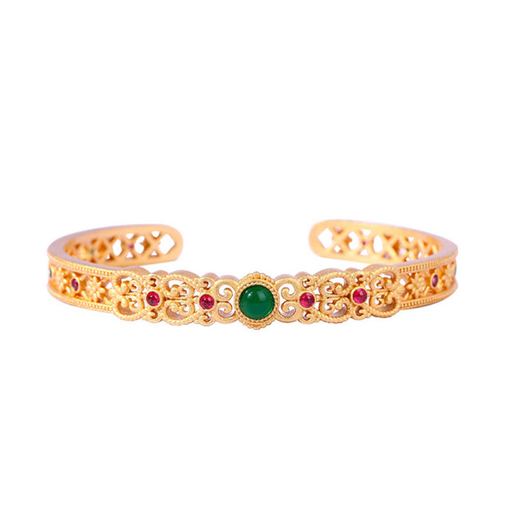 Buddha Stones Zielony Chalcedon 24k Złoto Miedź Wytrzymałość Mankiet Bransoletka Bangle