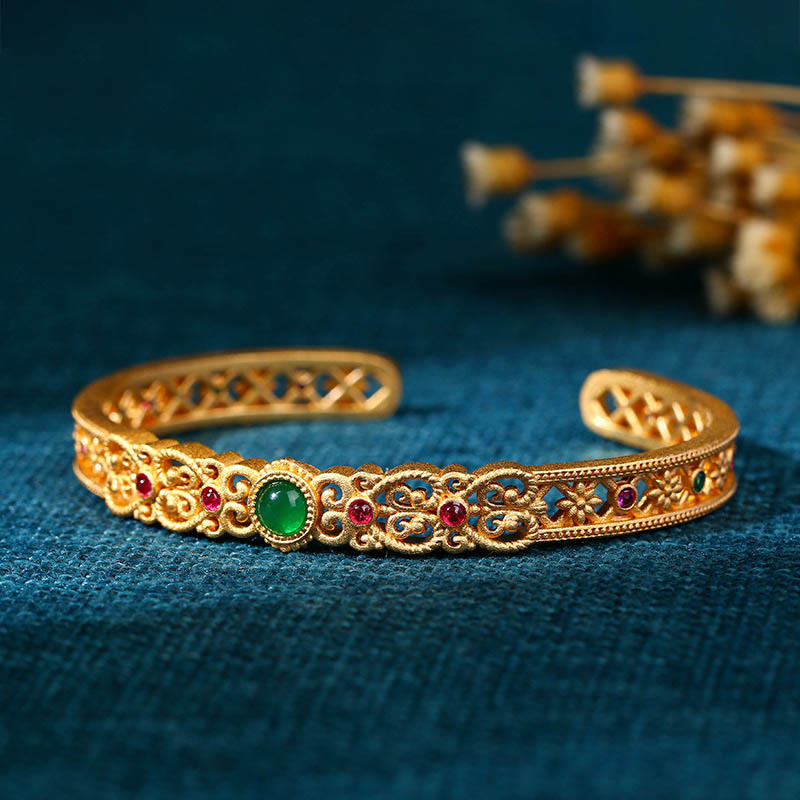 Buddha Stones Zielony Chalcedon 24k Złoto Miedź Wytrzymałość Mankiet Bransoletka Bangle