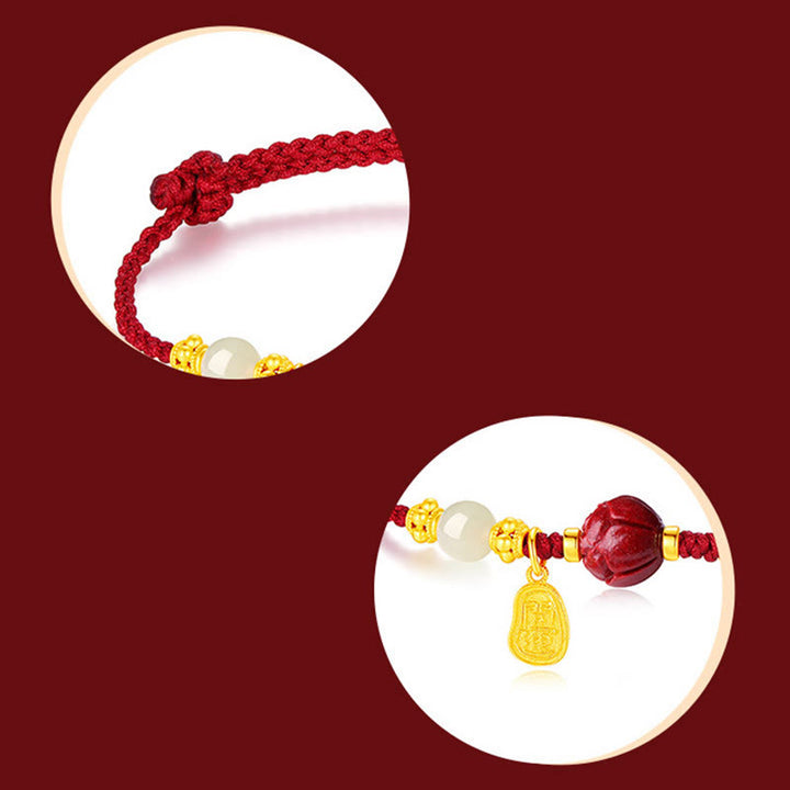 Buddha Stones Fu Charakter Jade Cynober 24K Pozłacana Bransoletka Szczęścia Czerwony Sznurek