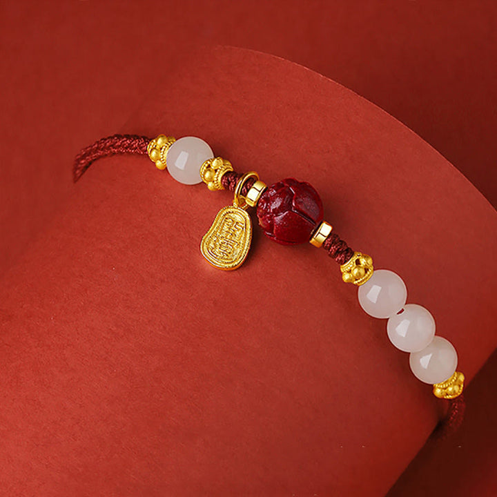 Buddha Stones Fu Charakter Jade Cynober 24K Pozłacana Bransoletka Szczęścia Czerwony Sznurek