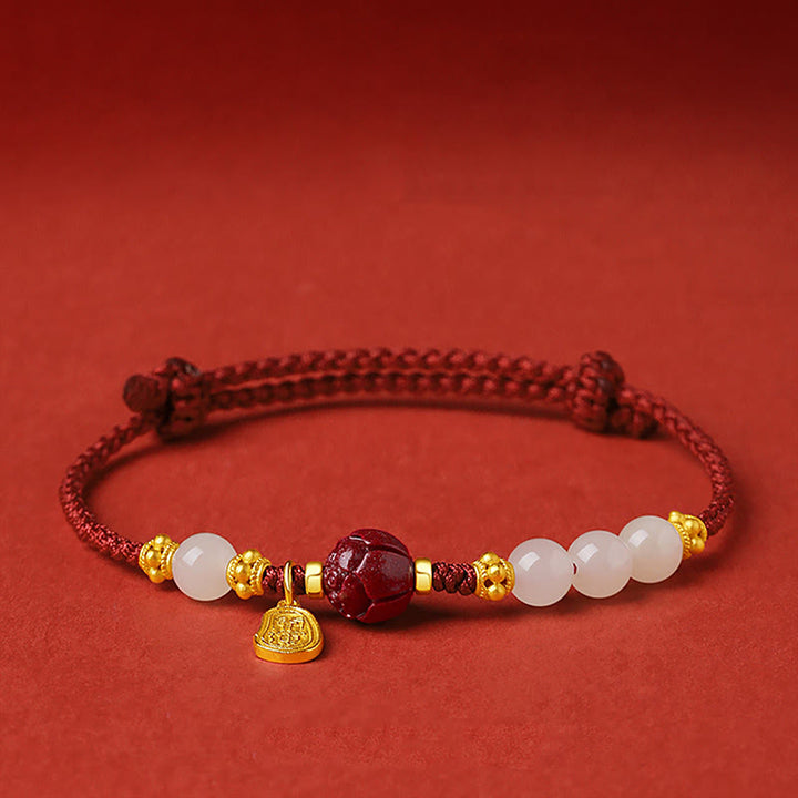 Buddha Stones Fu Charakter Jade Cynober 24K Pozłacana Bransoletka Szczęścia Czerwony Sznurek