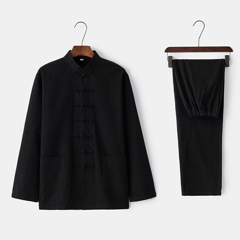 Koszula z długim rękawem i guzikiem w kształcie żaby z Buddha Stones, spodnie męskie, garnitur - Czarny - US/UK/AU44， EU54 (4XL) - image 1