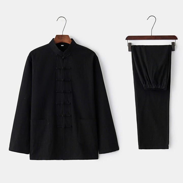 Koszula z długim rękawem i guzikiem w kształcie żaby z Buddha Stones, spodnie męskie, garnitur - Czarny - US/UK/AU44， EU54 (4XL) - image 1