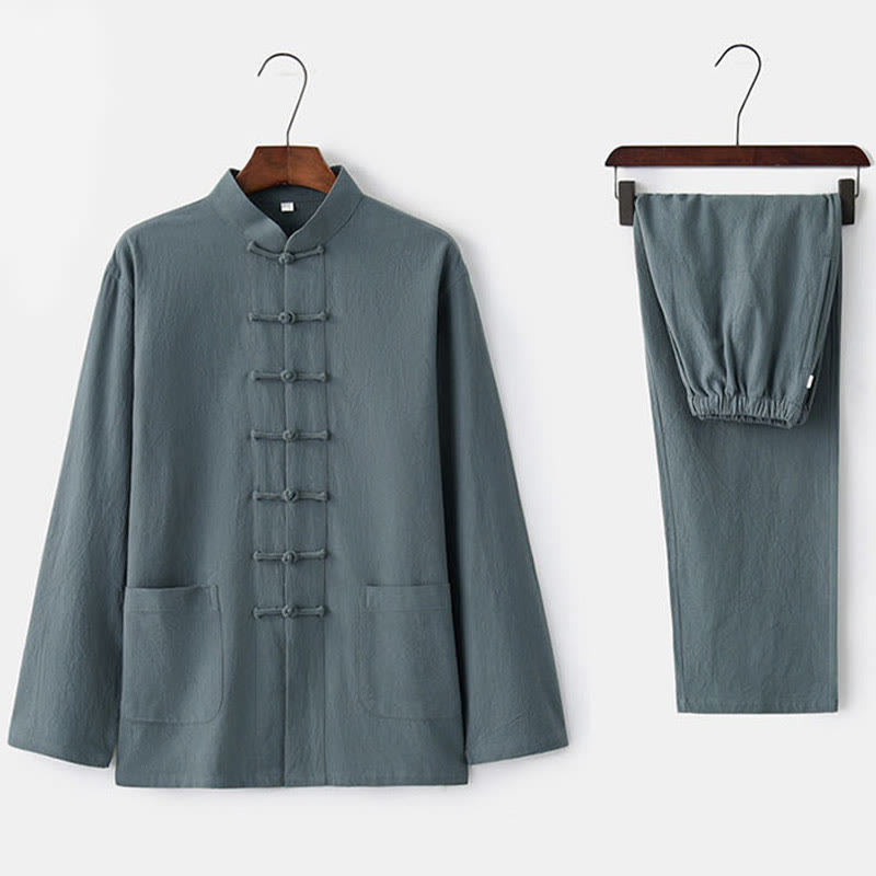 Koszula z długim rękawem i guzikiem w kształcie żaby z Buddha Stones, spodnie męskie, garnitur - image 15