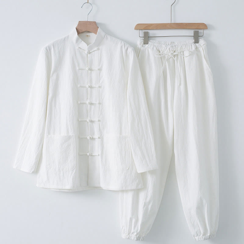 Buddha Stones Medytacja Żaba-Guzik Tang Długi Rękaw Koszula Spodnie Męski Garnitur - Biała koszula i białe spodnie - US/UK/AU44， EU54 (4XL) - image 1