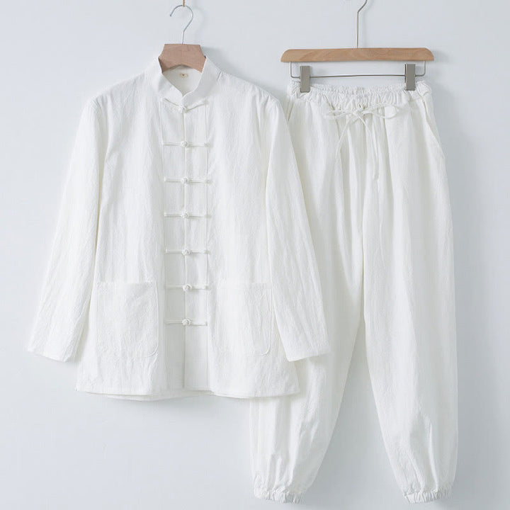 Buddha Stones Medytacja Żaba-Guzik Tang Długi Rękaw Koszula Spodnie Męski Garnitur - Biała koszula i białe spodnie - US/UK/AU44， EU54 (4XL) - image 1