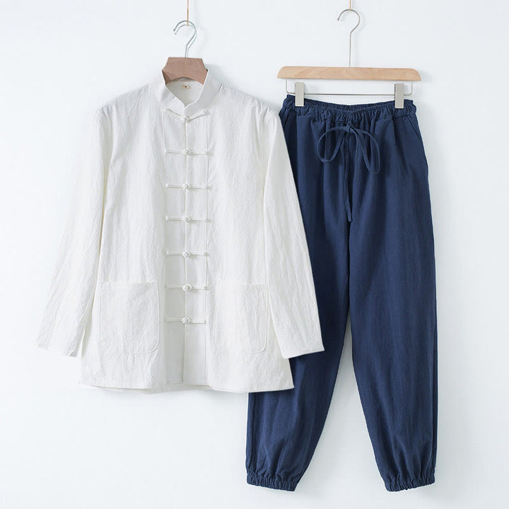 Buddha Stones Medytacja Żaba-Guzik Tang Długi Rękaw Koszula Spodnie Męski Garnitur - Biała koszula i granatowe spodnie - US/UK/AU44， EU54 (4XL) - image 21