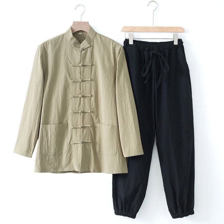 Buddha Stones Medytacja Żaba-Guzik Tang Długi Rękaw Koszula Spodnie Męski Garnitur - Koszula w kolorze brązowym i czarne spodnie - US/UK/AU44， EU54 (4XL) - image 22