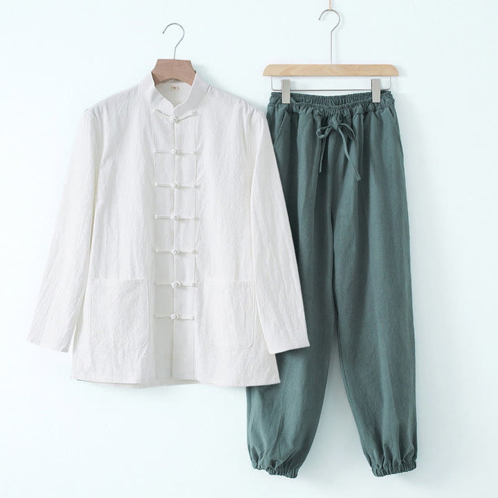 Buddha Stones Medytacja Żaba-Guzik Tang Długi Rękaw Koszula Spodnie Męski Garnitur - Biała koszula i niebieskie spodnie - US/UK/AU44， EU54 (4XL) - image 20