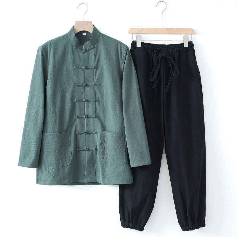 Buddha Stones Medytacja Żaba-Guzik Tang Długi Rękaw Koszula Spodnie Męski Garnitur - Koszula CadetBlue i czarne spodnie - US/UK/AU44， EU54 (4XL) - image 24