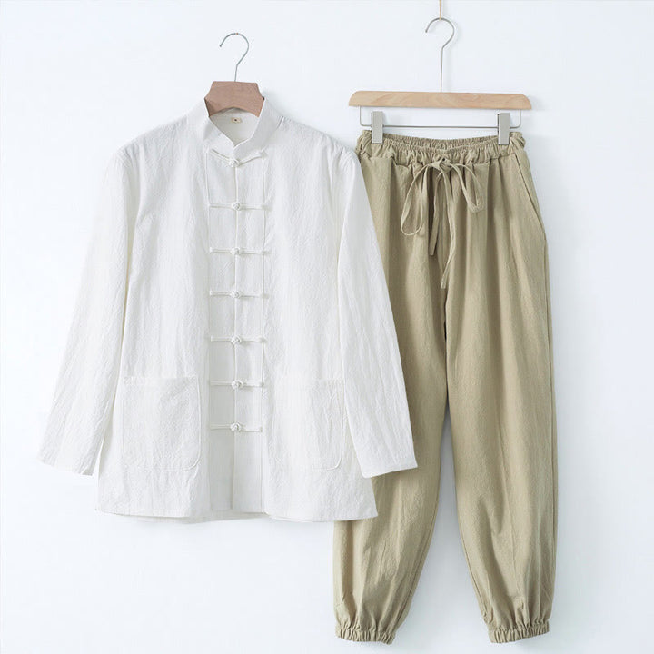 Buddha Stones Medytacja Żaba-Guzik Tang Długi Rękaw Koszula Spodnie Męski Garnitur - Biała koszula i brązowe spodnie - US/UK/AU44， EU54 (4XL) - image 18