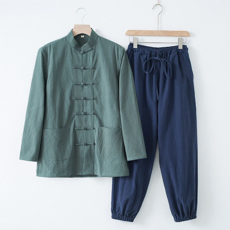 Buddha Stones Medytacja Żaba-Guzik Tang Długi Rękaw Koszula Spodnie Męski Garnitur - Koszula CadetBlue i spodnie w kolorze granatowym - US/UK/AU44， EU54 (4XL) - image 25