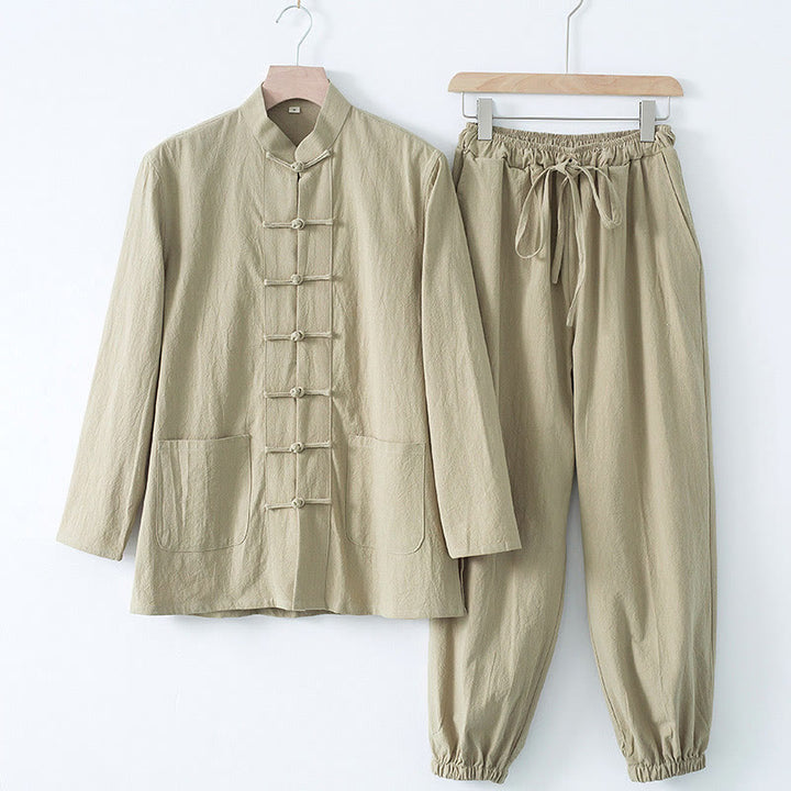 Buddha Stones Medytacja Żaba-Guzik Tang Długi Rękaw Koszula Spodnie Męski Garnitur - Koszula i spodnie w kolorze brązowym - US/UK/AU44， EU54 (4XL) - image 15