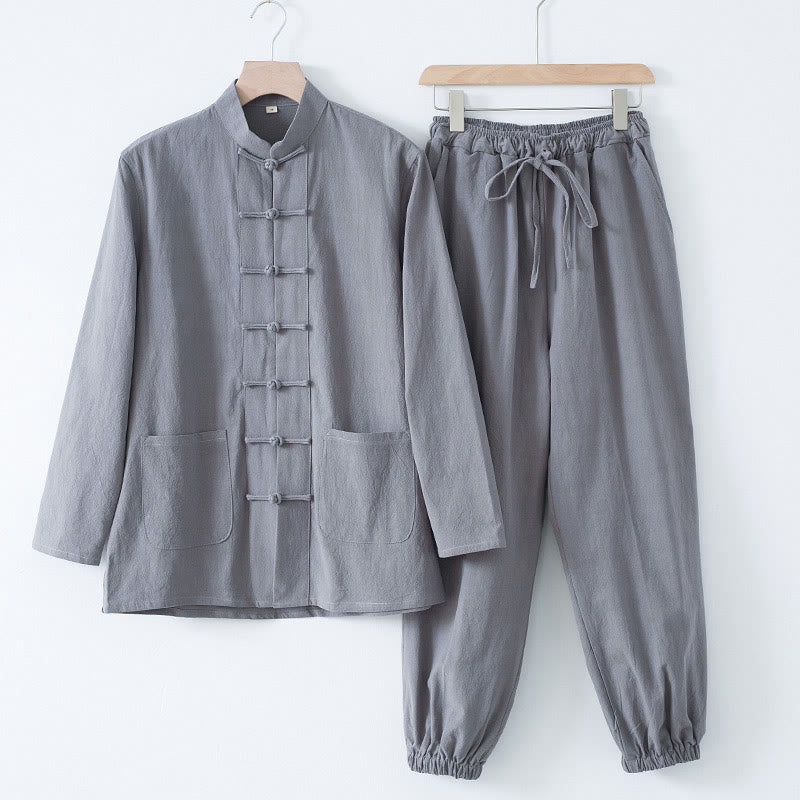 Buddha Stones Medytacja Żaba-Guzik Tang Długi Rękaw Koszula Spodnie Męski Garnitur - Srebrna koszula i srebrne spodnie - US/UK/AU44， EU54 (4XL) - image 16