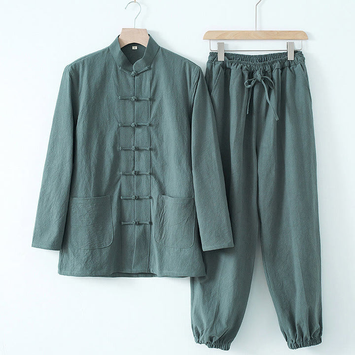 Buddha Stones Medytacja Żaba-Guzik Tang Długi Rękaw Koszula Spodnie Męski Garnitur - Koszula CadetBlue i spodnie CadetBlue - US/UK/AU44， EU54 (4XL) - image 13