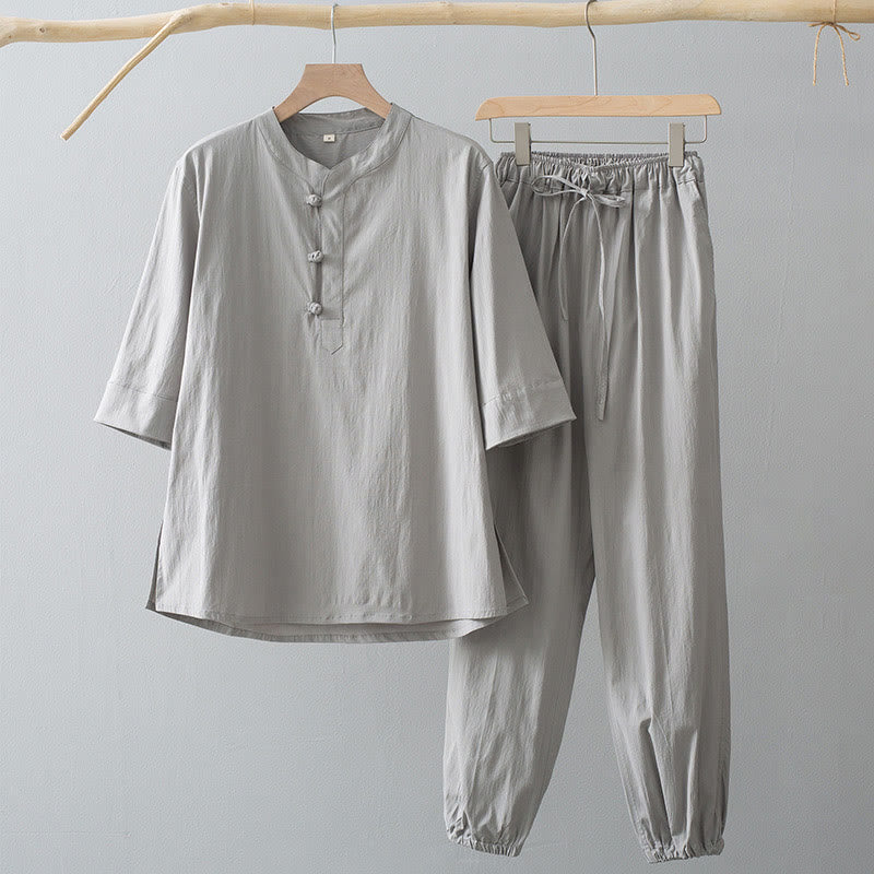 Koszula z trzema czwartymi rękawami i żabą z Buddha Stones, spodnie, garnitur męski - Koszula Gainsboro i spodnie Gainsboro - US/UK/AU44， EU54 (4XL) - image 2