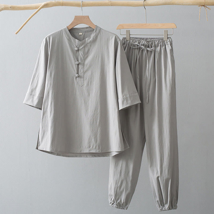 Koszula z trzema czwartymi rękawami i żabą z Buddha Stones, spodnie, garnitur męski - Koszula Gainsboro i spodnie Gainsboro - US/UK/AU44， EU54 (4XL) - image 2