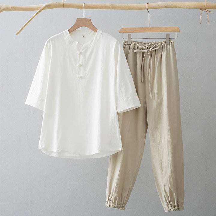 Koszula z trzema czwartymi rękawami i żabą z Buddha Stones, spodnie, garnitur męski - Biała koszula i antyczne białe spodnie - US/UK/AU44， EU54 (4XL) - image 7