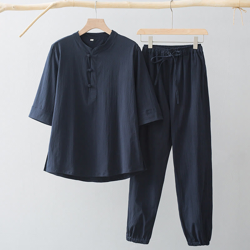 Koszula z trzema czwartymi rękawami i żabą z Buddha Stones, spodnie, garnitur męski - Koszula MidnightBlue i spodnie MidnightBlue - US/UK/AU44， EU54 (4XL) - image 4