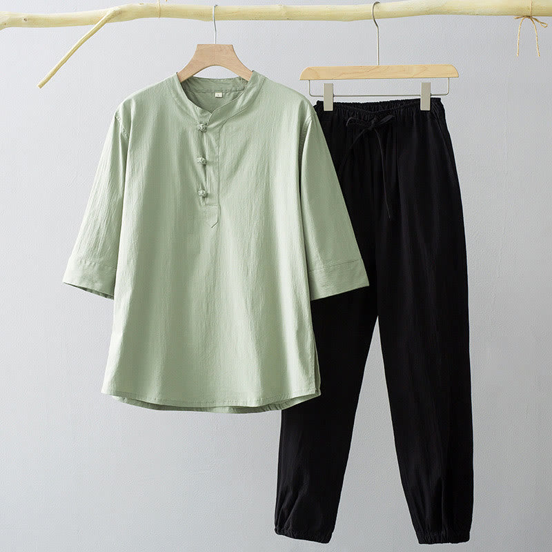 Koszula z trzema czwartymi rękawami i żabą z Buddha Stones, spodnie, garnitur męski - Koszula DarkSeaGreen i czarne spodnie - US/UK/AU44， EU54 (4XL) - image 6