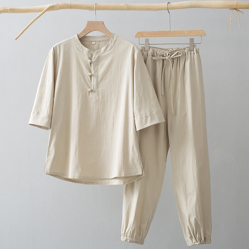 Koszula z trzema czwartymi rękawami i żabą z Buddha Stones, spodnie, garnitur męski - Koszula AntiqueWhite i spodnie AntiqueWhite - US/UK/AU44， EU54 (4XL) - image 0