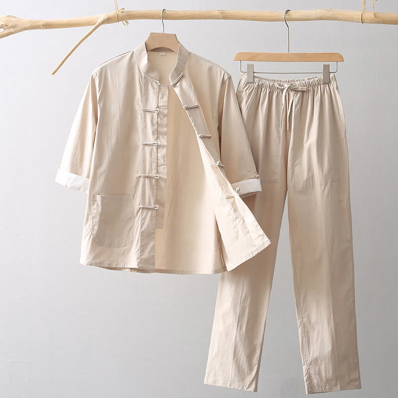 Buddha Stones Tang Żaba-Guzik Koszula z Rękawem Trzy Czwartym Szerokie Spodnie Bawełniano-Lenowy Garnitur Męski - Pszenica - US/UK/AU44， EU54 (4XL) - image 0