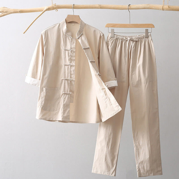 Buddha Stones Tang Żaba-Guzik Koszula z Rękawem Trzy Czwartym Szerokie Spodnie Bawełniano-Lenowy Garnitur Męski - Pszenica - US/UK/AU44， EU54 (4XL) - image 0