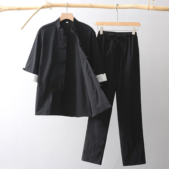 Buddha Stones Tang Żaba-Guzik Koszula z Rękawem Trzy Czwartym Szerokie Spodnie Bawełniano-Lenowy Garnitur Męski - Czarny - US/UK/AU44， EU54 (4XL) - image 7