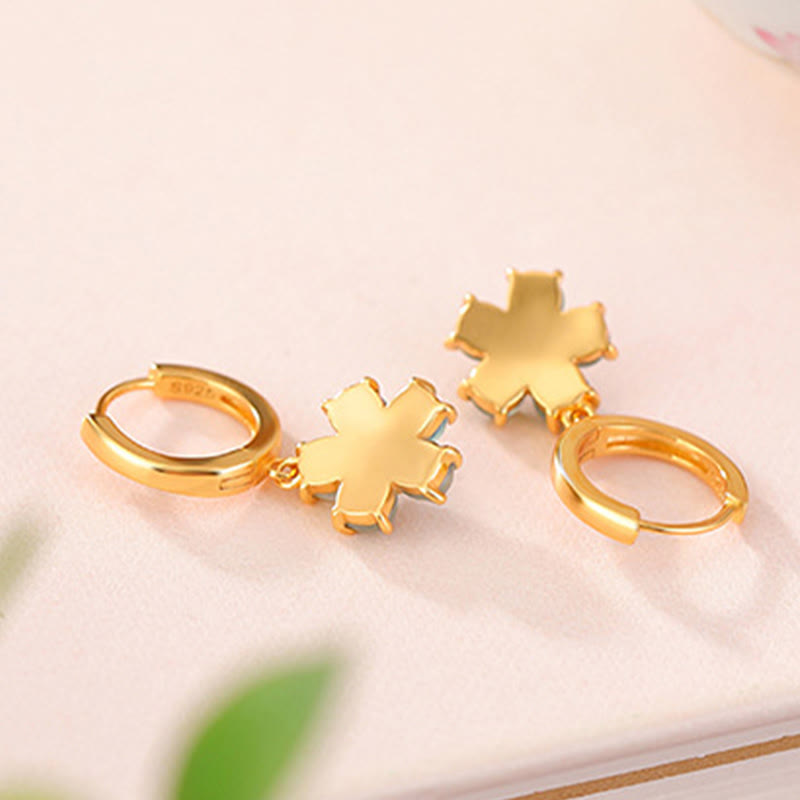 Kolczyki Buddha Stones 925 Srebro Sterlingowe Pozłacane Zielony Jade Kwiat Projekt Szczęście Dobrobyt  - image 2