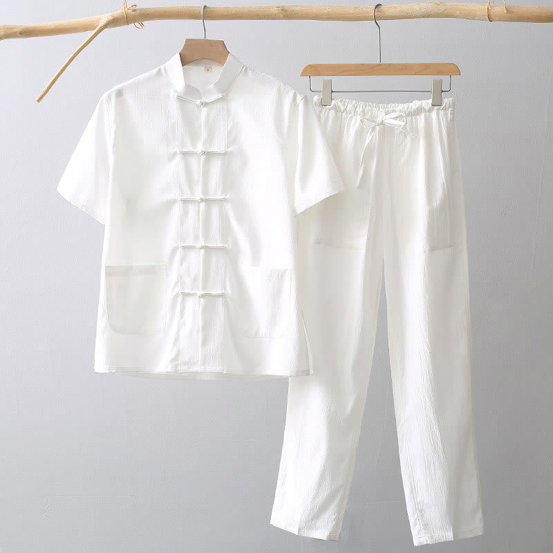 Koszula z krótkim rękawem i szerokimi nogawkami z Buddha Stones Tang, guziki, męski garnitur - Biały - US/UK/AU44， EU54 (4XL) - image 0