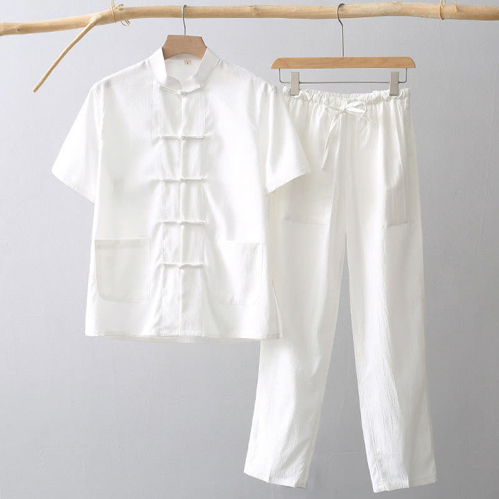 Koszula z krótkim rękawem i szerokimi nogawkami z Buddha Stones Tang, guziki, męski garnitur - Biały - US/UK/AU44， EU54 (4XL) - image 0